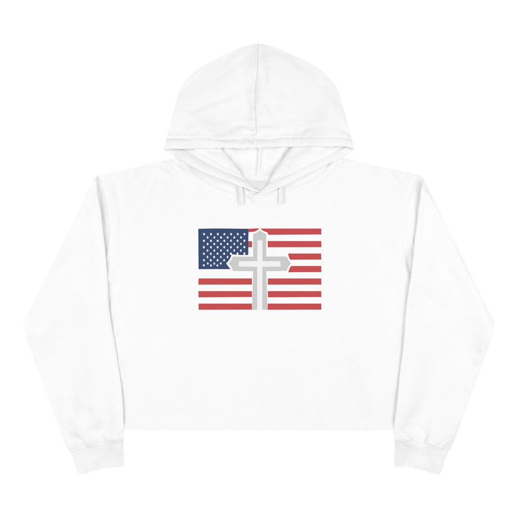 Patriotic Faith Crop Hoodie | USA Flag and Cross Design for Casual Outfits, Summer Style, Christian Apparel, Gift for Her