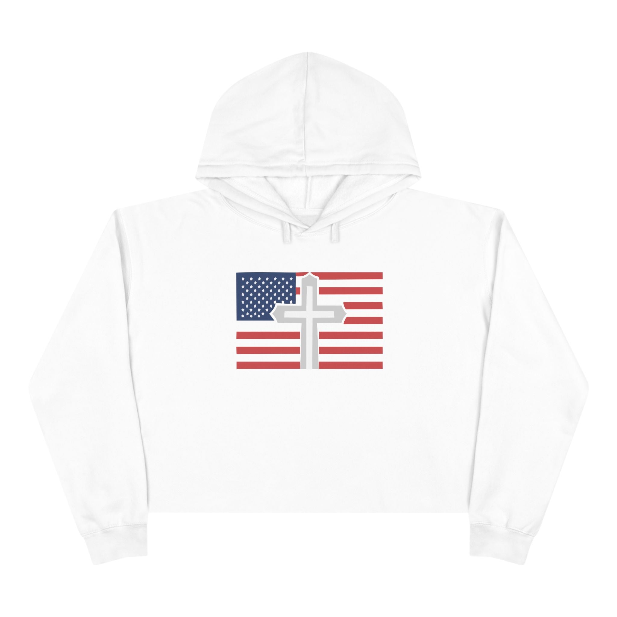 Patriotic Faith Crop Hoodie | USA Flag and Cross Design for Casual Outfits, Summer Style, Christian Apparel, Gift for Her