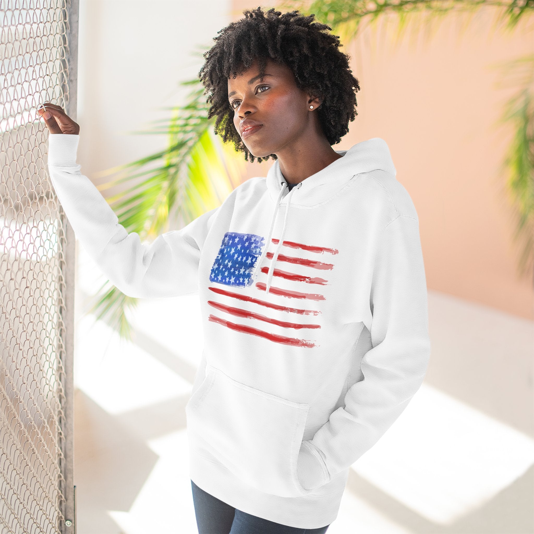 Patriotic Three-Panel Fleece Hoodie, USA Flag Sweatshirt, Cozy Hoodie, Gift for Veterans, Holiday Apparel