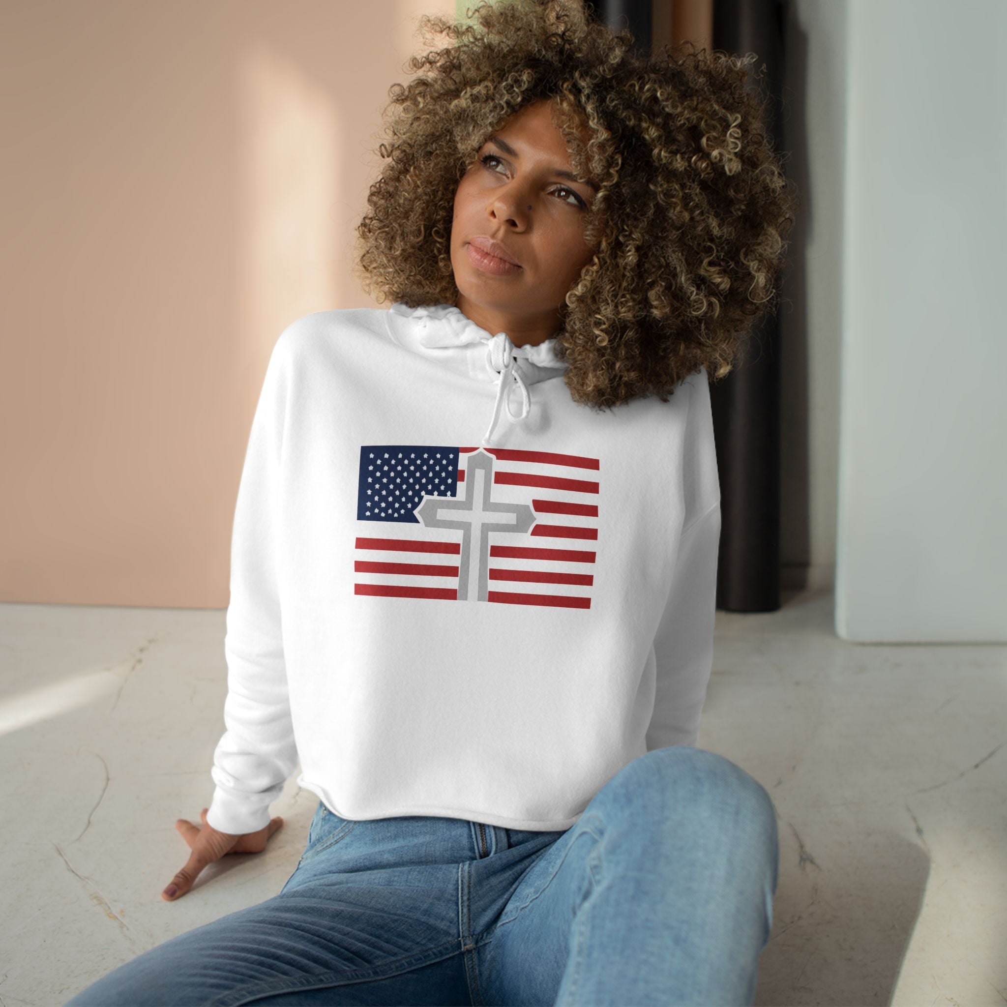 Patriotic Faith Crop Hoodie | USA Flag and Cross Design for Casual Outfits, Summer Style, Christian Apparel, Gift for Her