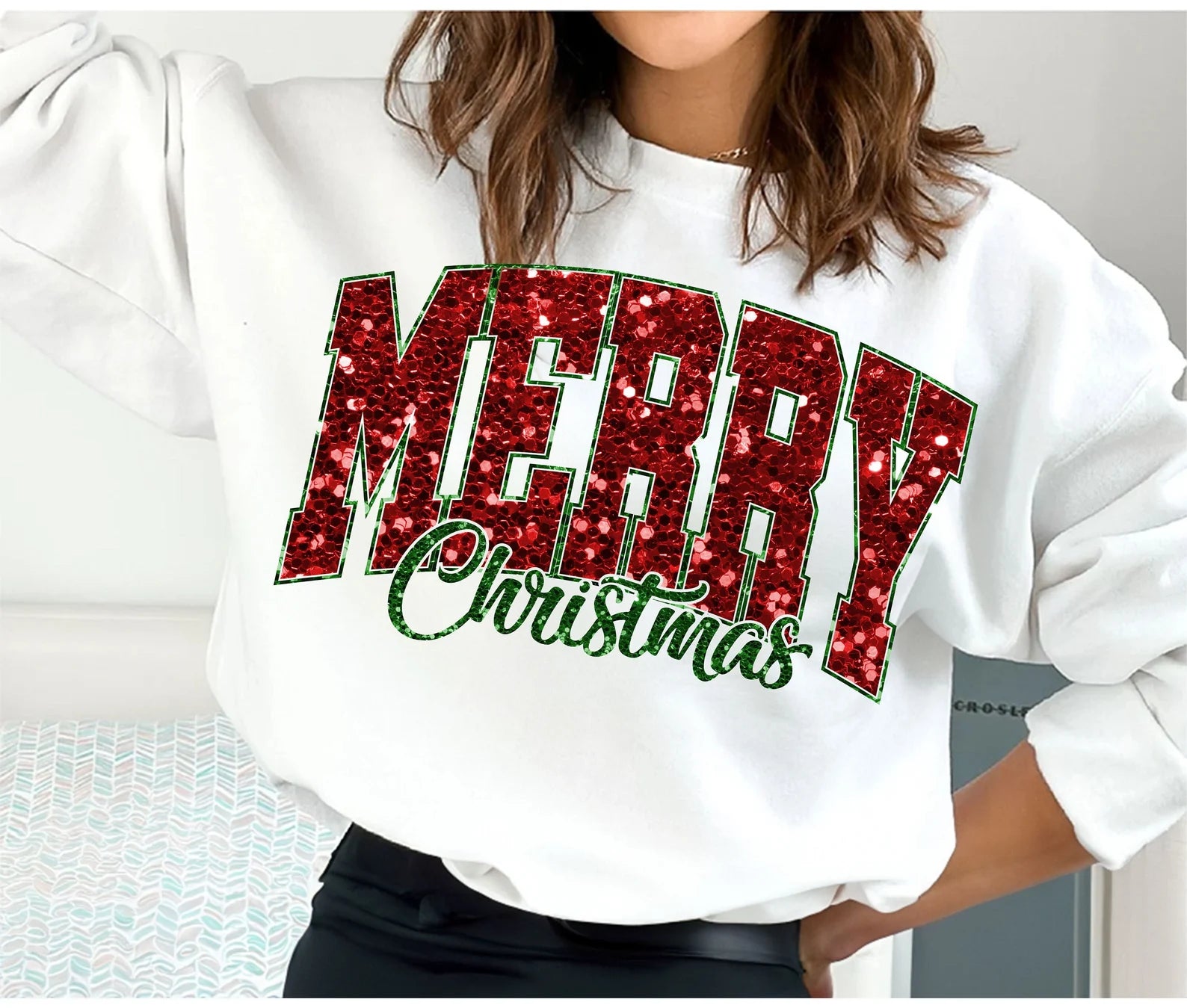 Red Glitter Print Merry Christmas Sweatshirt